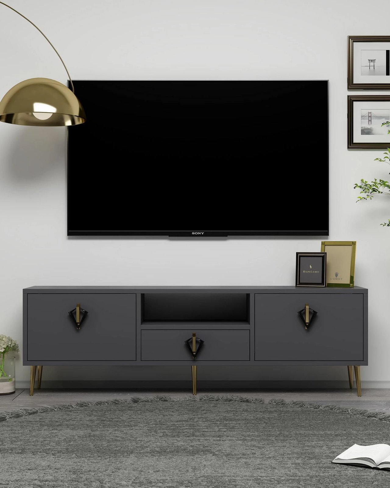 Komodë për TV Skye Decor, 1312-DROP-32, antracit, e zezë, e artë