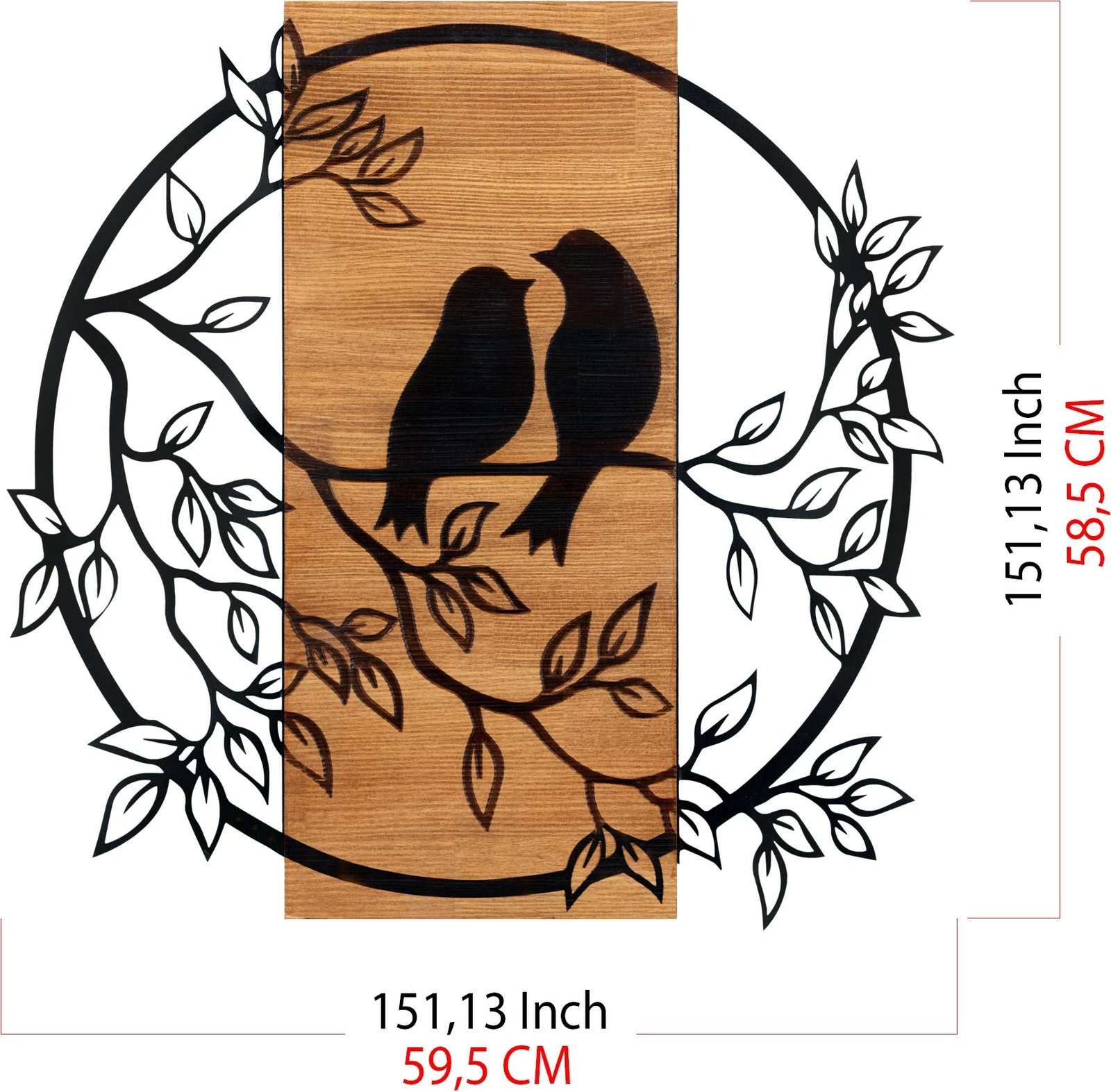 Aksesor dekorativ për mur, dru dhe metal, zogj të dashuruar, Wallity, ngjyrë e zezë dhe arre, 59.5x58.5cm