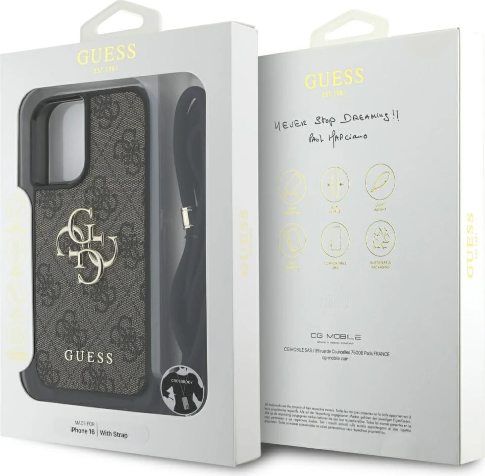 Mbështjellës Guess 4G Big Logo Cord Stap Crossbody për iPhone 16, Kafe