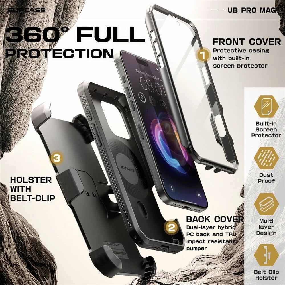 Mbështjellës Supcase Unicorn Beetle Pro Mag për iPhone 16 Pro Max/16 Plus, MagSafe, i zi, me klip rripi