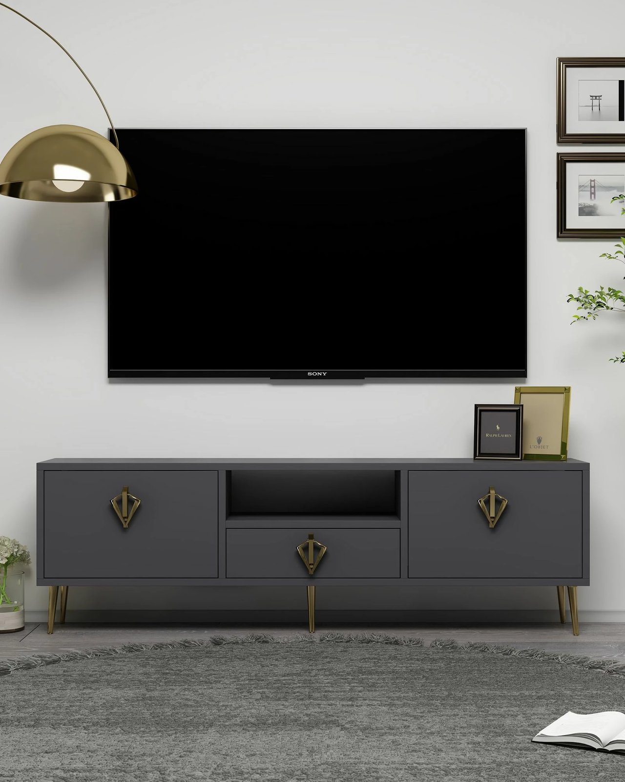 Komodë TV, ngjyrë antracit dhe ari, Skye Decor, 1313-DROP-32