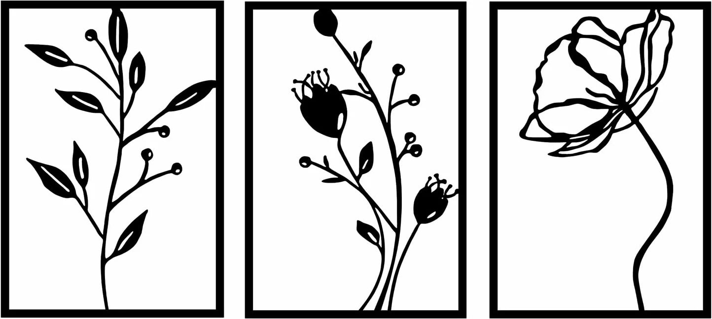 Aksesor dekorativ metalik për mur, lule, 3 copë, Wallity, 49x70cm, ngjyrë e zezë