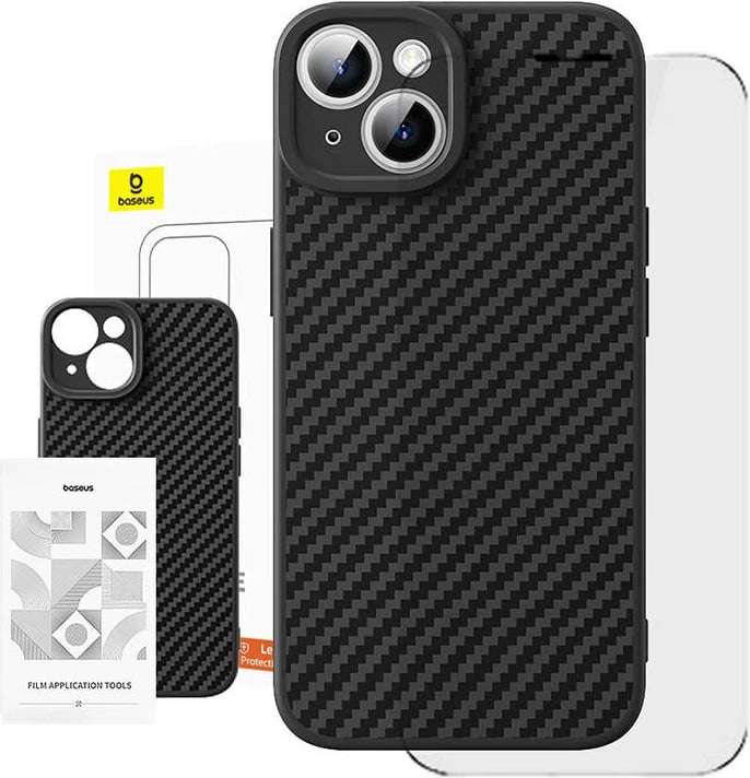 Mbështjellës Baseus Synthetic Fiber për iPhone 15 Plus me xham të temperuar, i zi