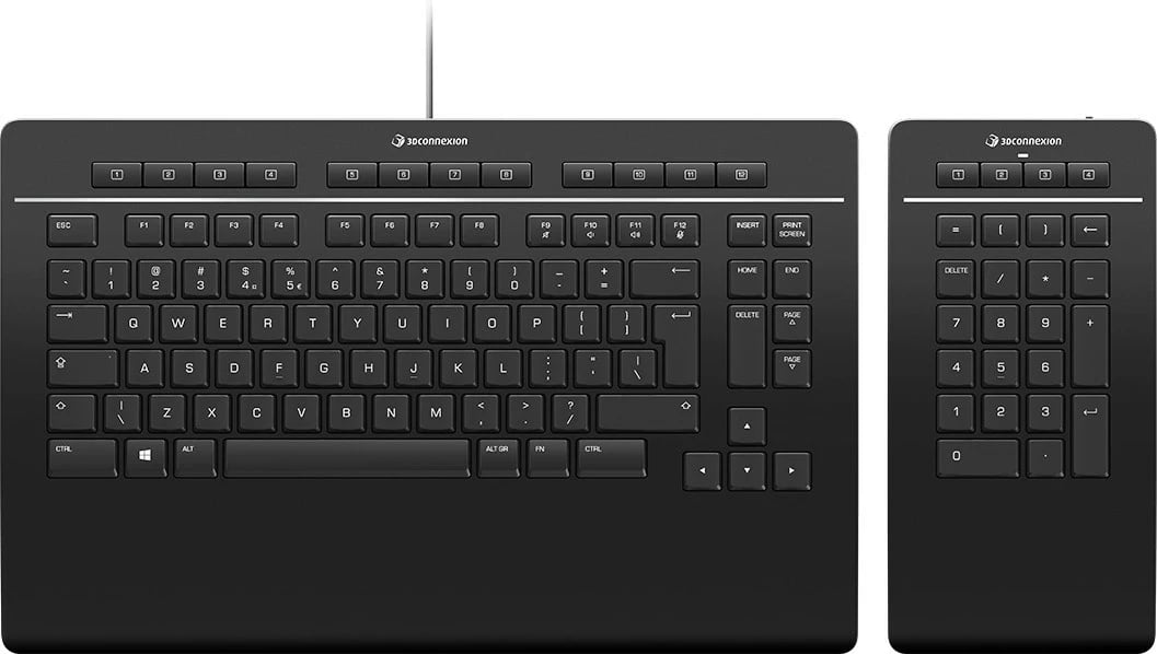 Tastierë 3Dconnexion Keyboard Pro, Numpad i ndarë, Full-size, Wired & Wireless, USB + RF Wireless + Bluetooth, Scissor key switch, QWERTZ, E zezë