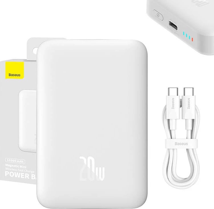Powerbank Baseus Magnetic Mini 10000mAh, USB-C 20W, MagSafe, e bardhë