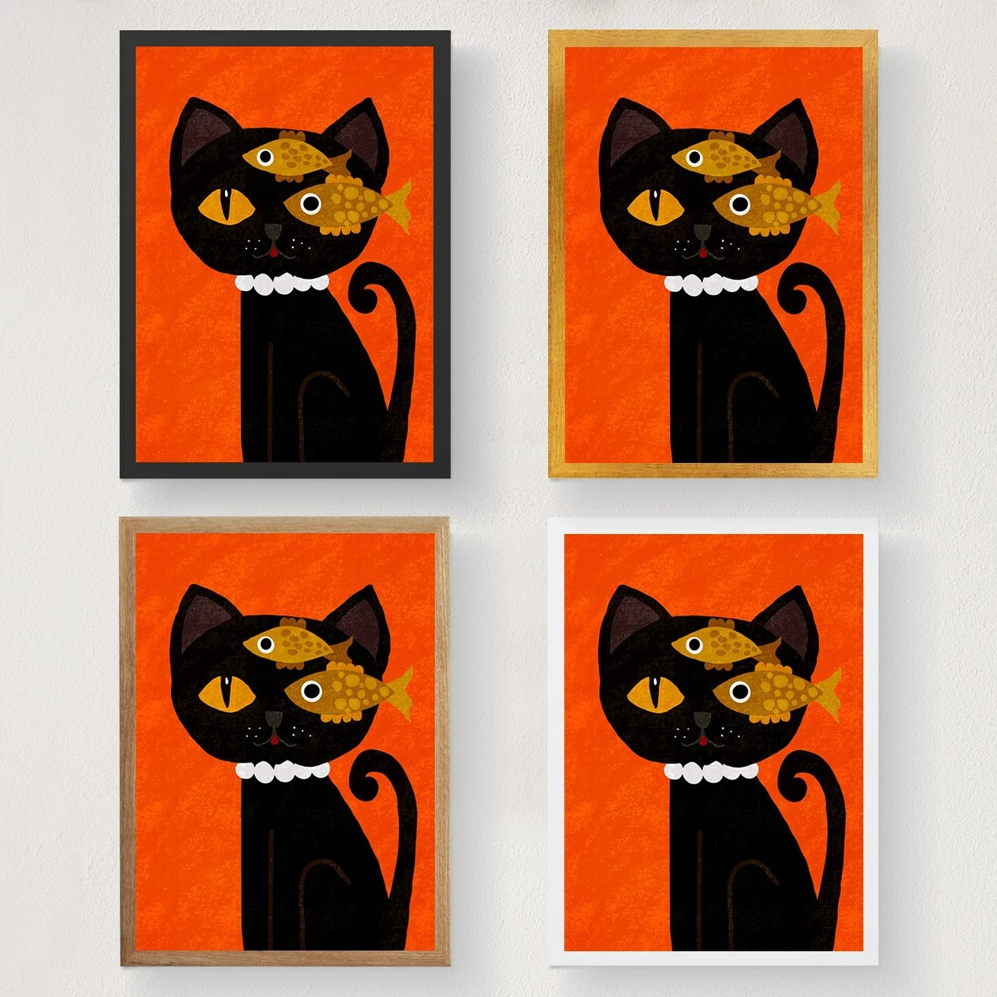 Poster pa kornizë, mace e zezë me peshq të verdhë, 50x70cm, Wallity - 2084