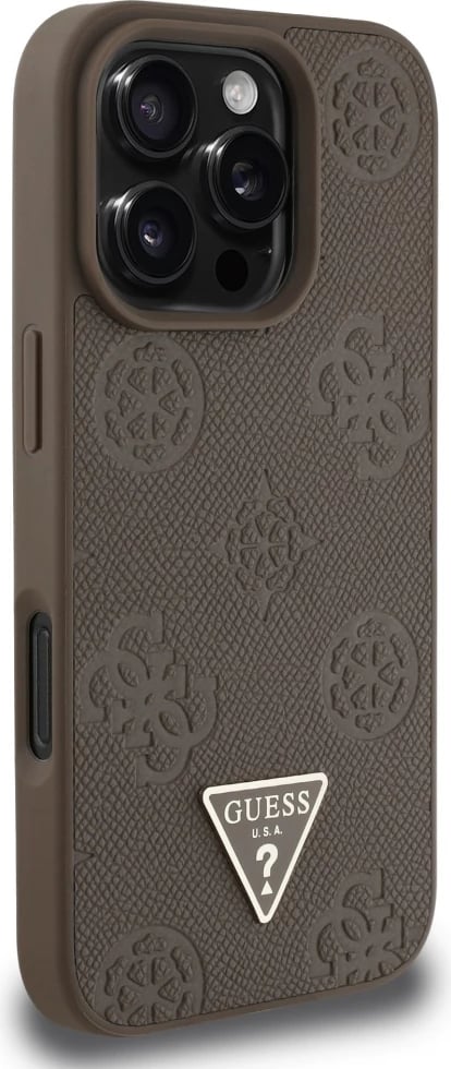 Mbështjellës Guess Grained Hot Stamp Peony Triangle Logo MagSafe për iPhone 16 Pro, Kafe