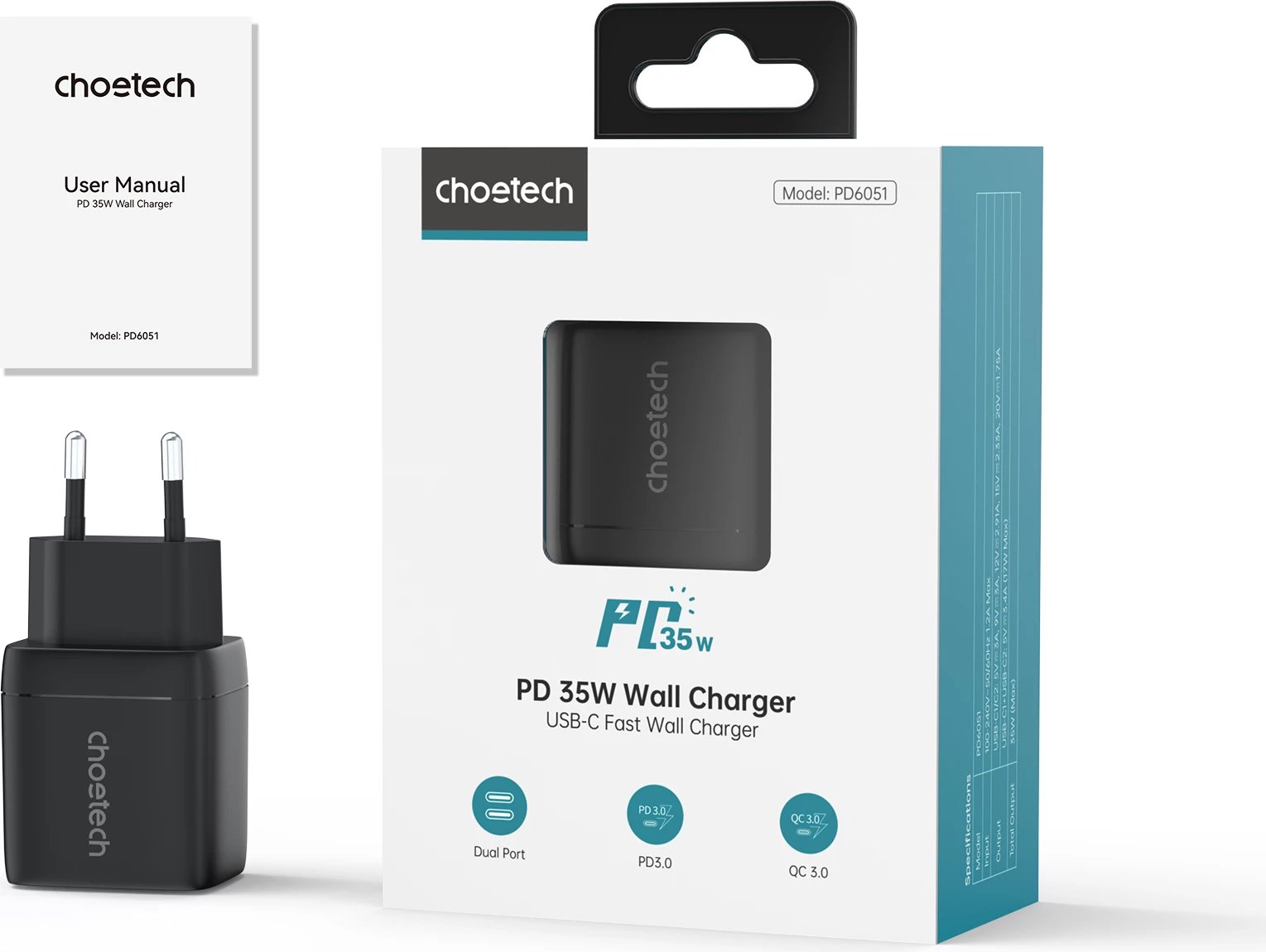 Karikues muri Choetech PD6051, 35W, 2x USB-C, me ekran, zi
