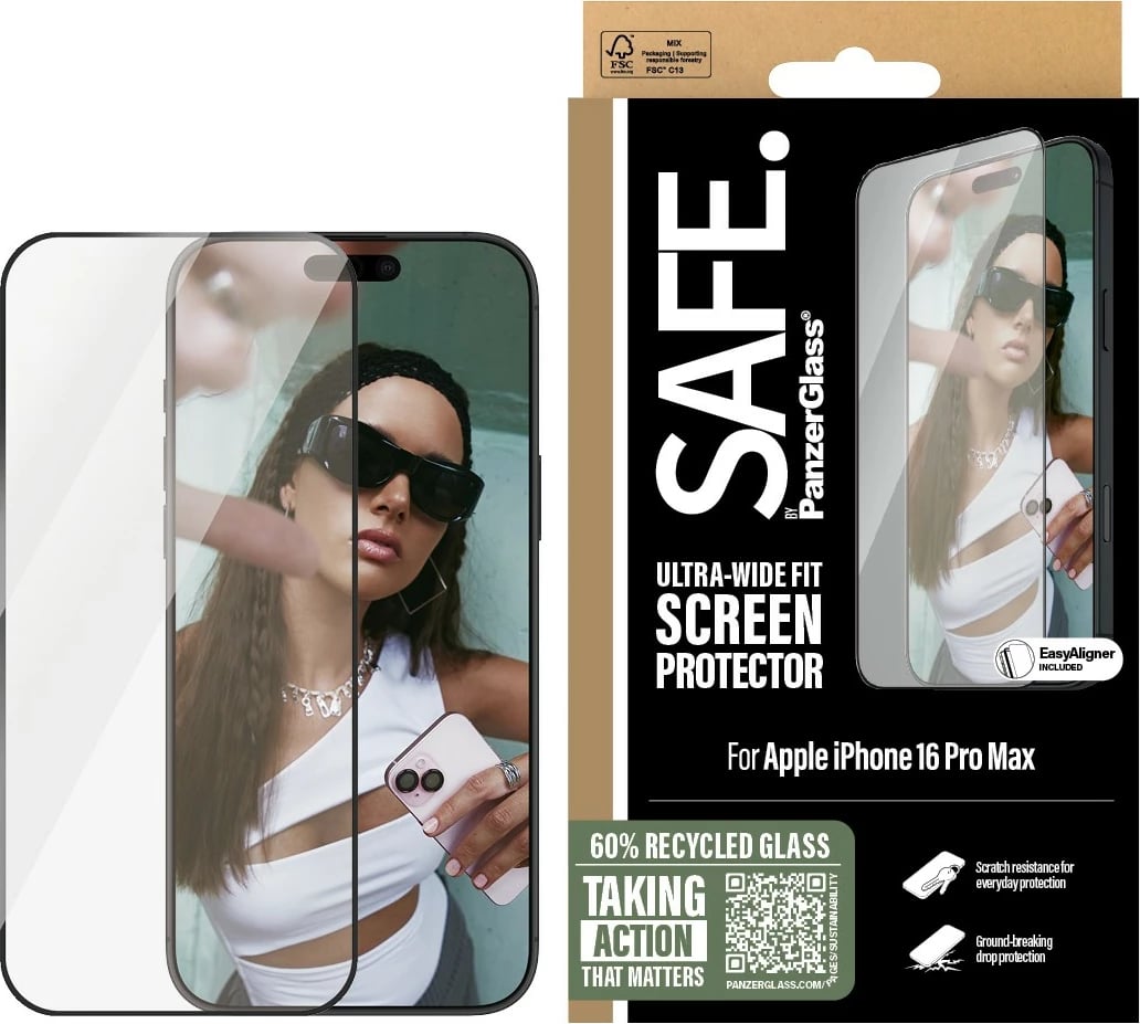 Mbrojtës ekrani PanzerGlass SAFE. për iPhone 16 Pro Max, kornizë e zezë, transparent