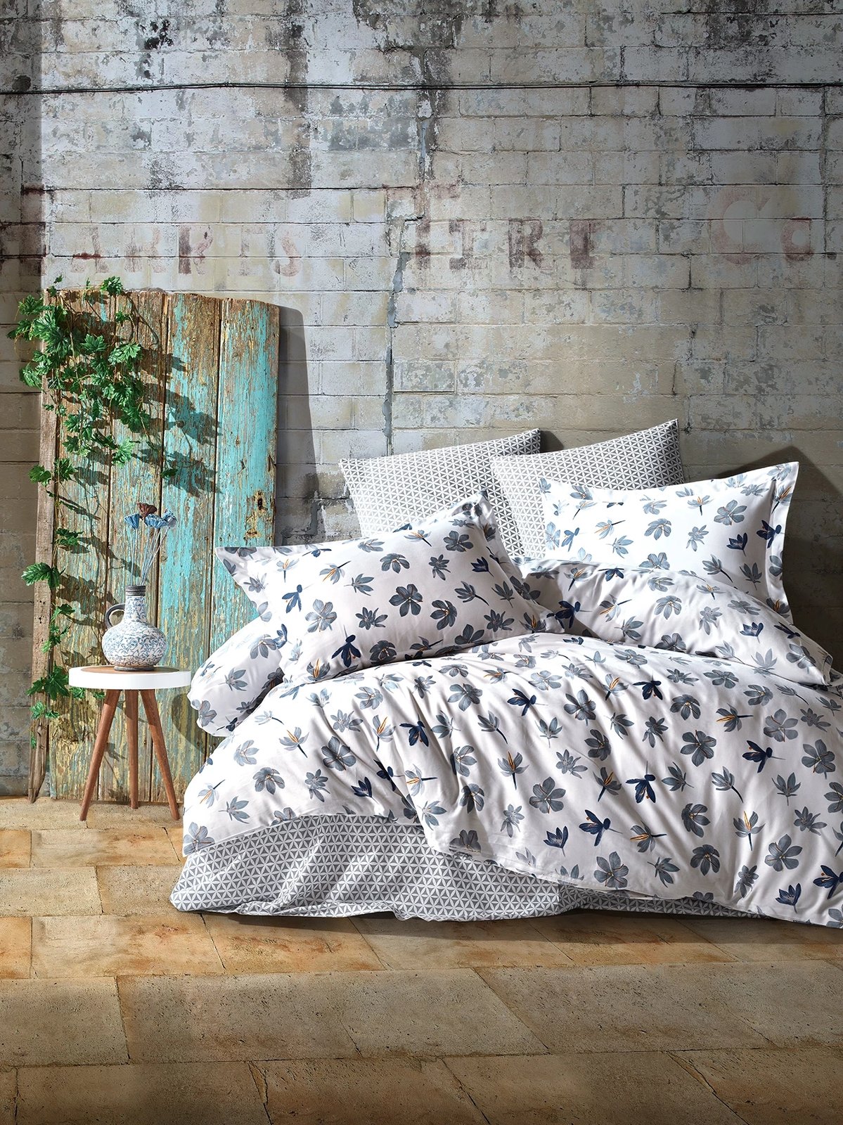 Set mbulesë për jorgan Super King Ranforce, L'essentiel, Fleur, e bardhë/gri/blu e errët