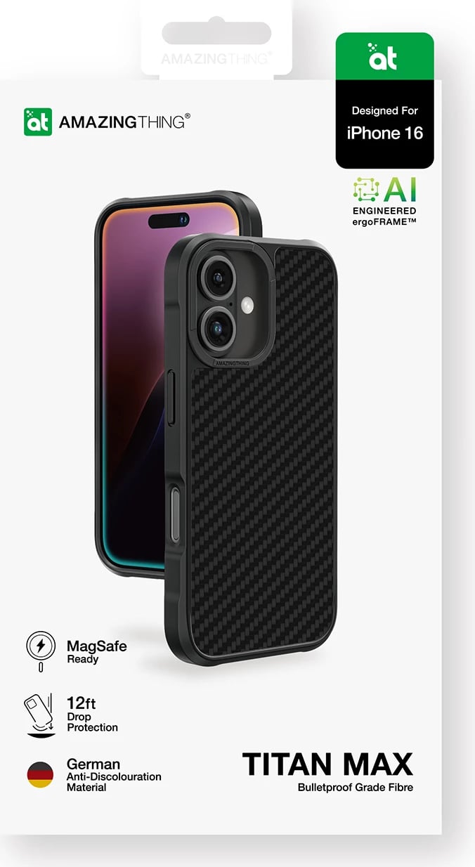 Mbështjellës AmazingThing Titan Max për iPhone 16, fibra aramidi 1500D, i zi