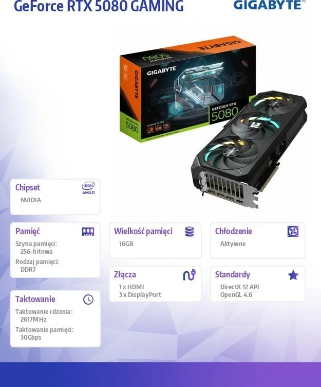 Kartelë grafike Gigabyte GeForce RTX 5080 GAMING OC 16G, 16 GB GDDR7, e zezë