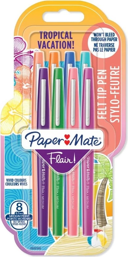 Set stilolapsa PaperMate Flair, 8 ngjyra, majë brushë 0.7mm, multikolor