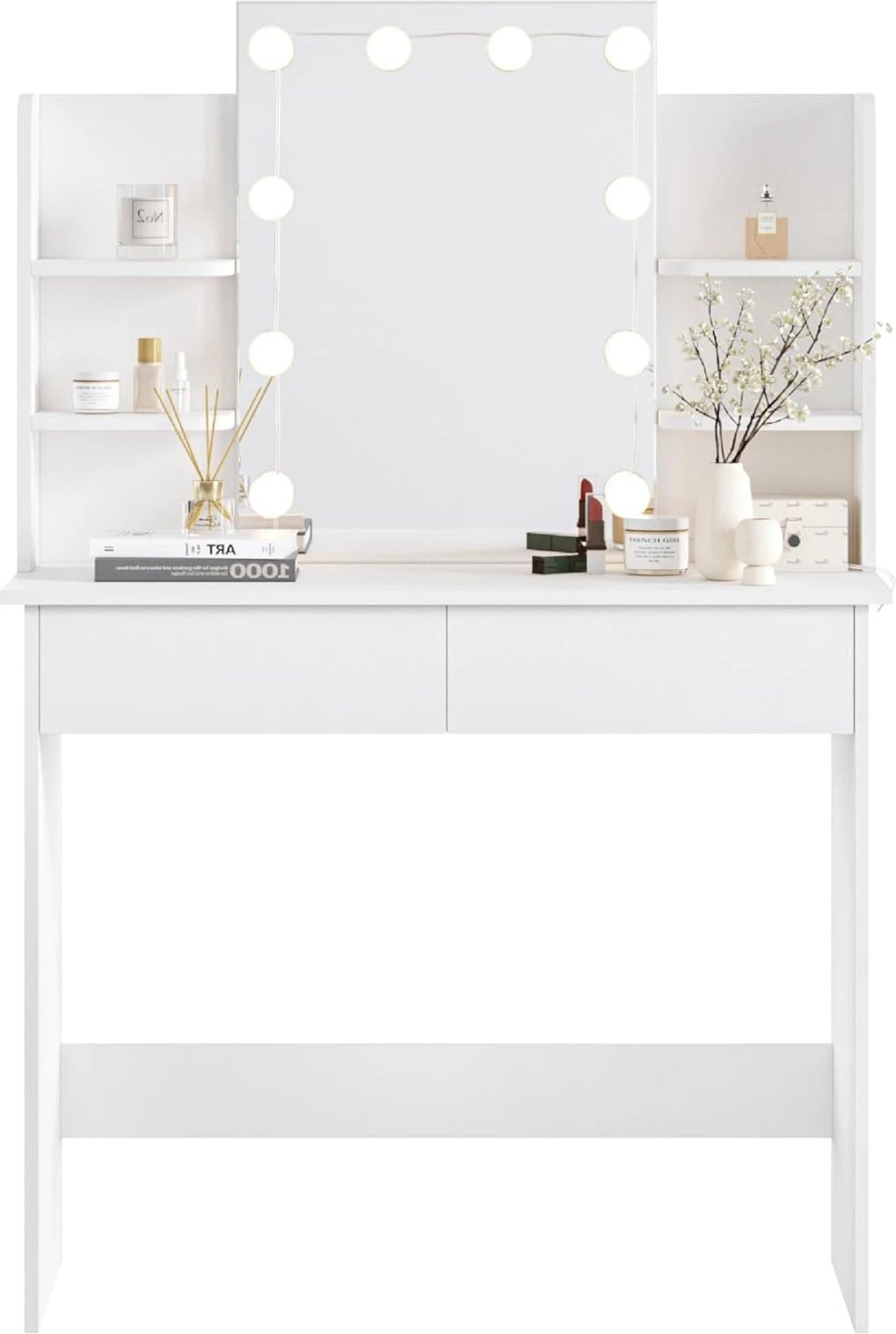 Tavolinë për grim me LED, rafte dhe sirtarë, ngjyrë e bardhë, LAURYN FH2502.03, 101.8x40x139.5H cm