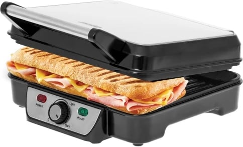 Grill elektrik kontakt 2-në-1, Mesko MS 3050, 2500W max, pllaka 28x23 cm, hapje 180°, kontroll temperature, veshje jo‑ngjitëse, me tabakë piku dhe spatulë