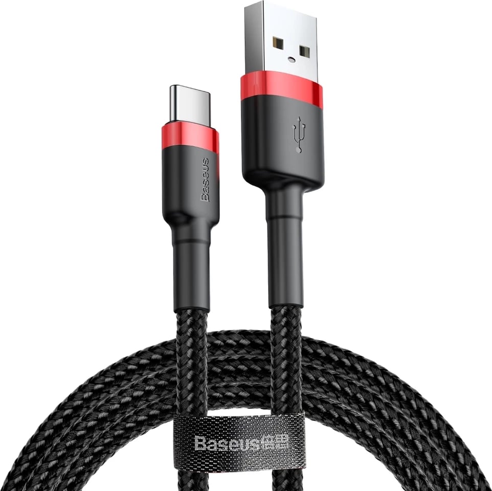 Kabllo Baseus Cafule CATKLF-A91 USB-A në USB-C, 0.5m, 3A, QC 3.0, e zezë dhe e kuqe