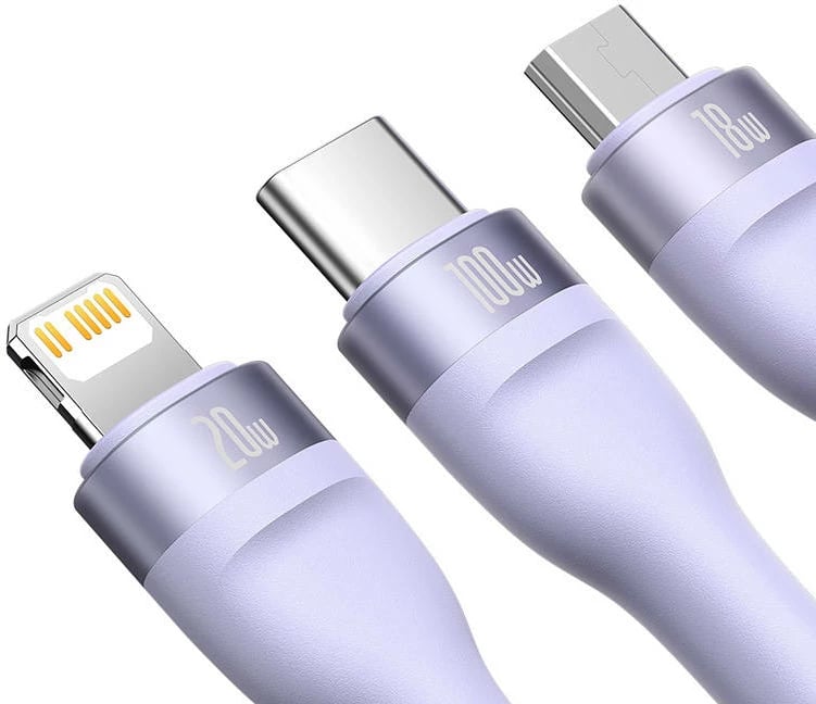 Kabllo 3-në-1 Baseus Flash Series 2, 1.2m, USB-C + micro USB + Lightning, 100W, vjollcë