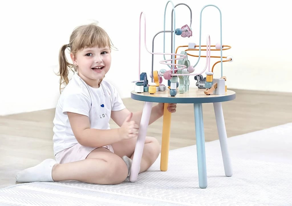 tavolinë aktivitetesh druri Viga, labirinte me rruaza dhe ingranazhe, ah, për 24m+, 38x65x38 cm, shumëngjyrëshe