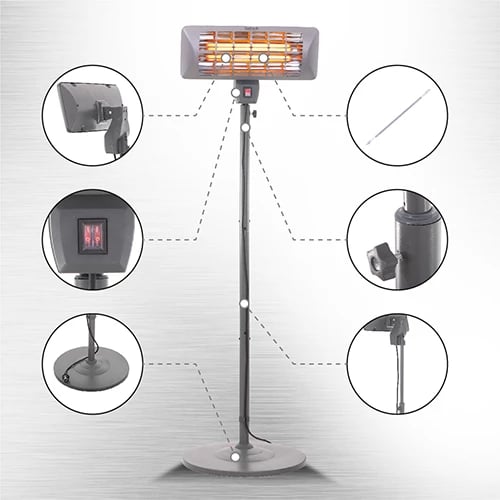 ngrohës terase në këmbë, Adler Camry CR 7737, 1000/2000W, elemente kuarci, IP24, zonë 14 m², lartësi 157–202 cm, gri