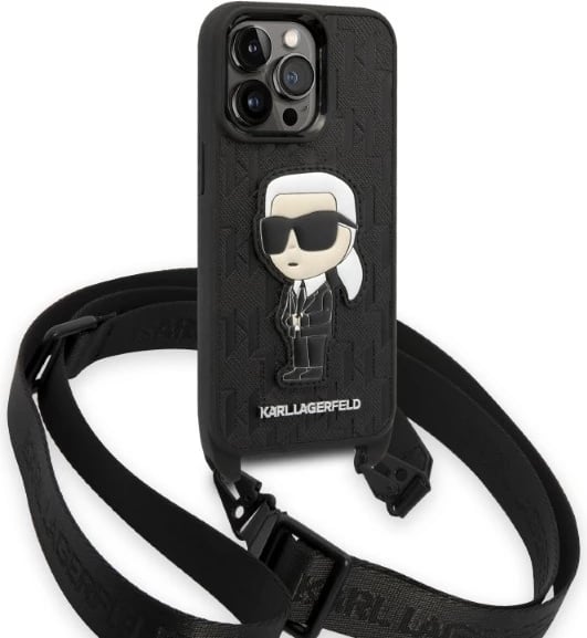 Mbështjellës Karl Lagerfeld KLHCP14LSTKMK për iPhone 14 Pro 6.1", Monogram Ikonik Patch, i zi me rrip