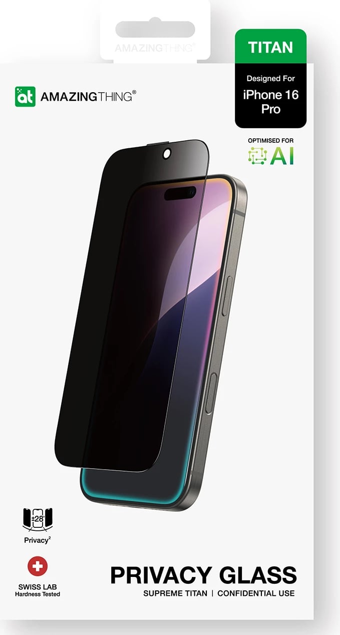 Xham mbrojtës AmazingThing Titan Privacy Glass për iPhone 16 Pro, i errët
