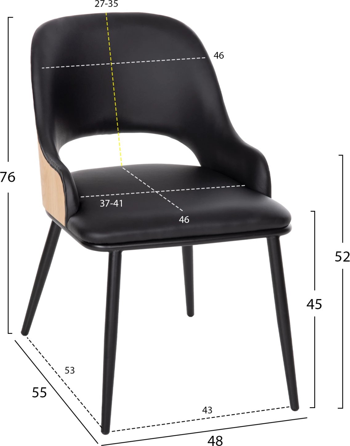 Karrige ngrënieje DELF FH9617.01 PU e zezë-këmbë metali të zeza-shpinë druri natyrale 48x55x76H cm., set prej 2 copë