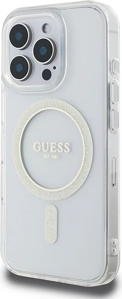 Mbështjellës Guess IML Glitter Circle MagSafe për iPhone 16 Pro Max, hardcase TPU/PC, kompatibil me MagSafe, transparent