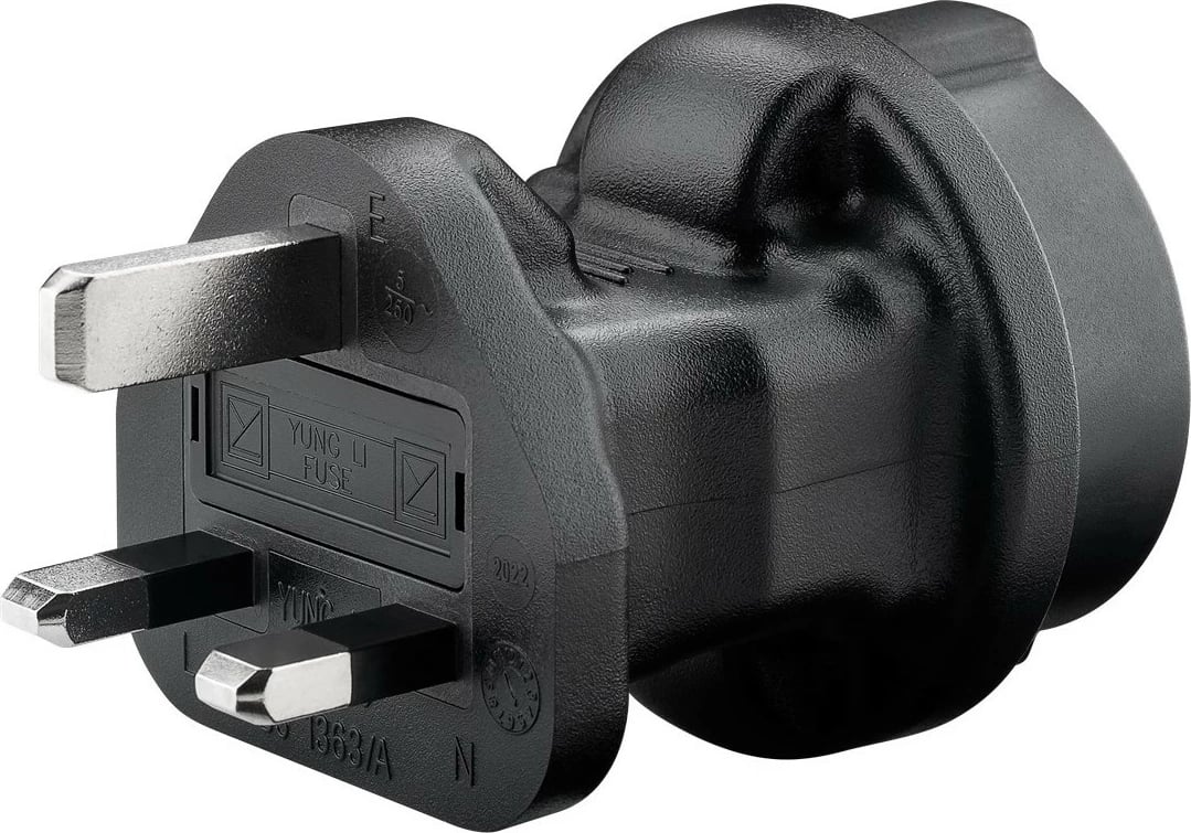 Adapter prizash UNOLD Goobay, Type F në Type G (UK), 250V, 5A, i zi