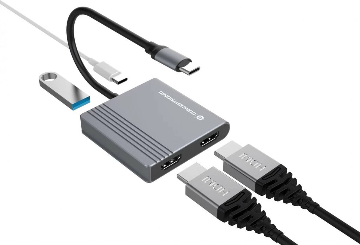 Dock Conceptronic 4-1 USB-C, 2x HDMI, USB 3.0, 100W PD, 25cm, gri