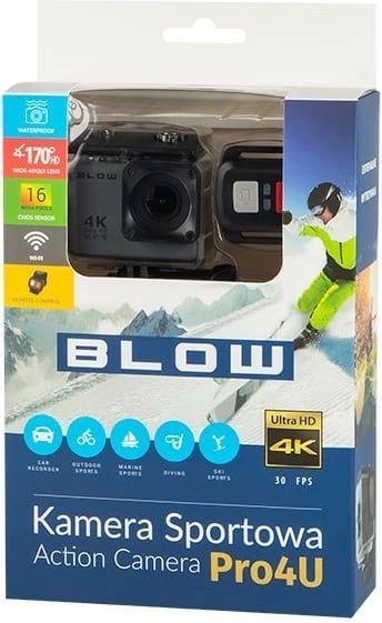 Kamerë sportive BLOW Pro4U, 4K Ultra HD, WiFi, 16 MP, e zezë, me kasë të papërshkueshme nga uji dhe aksesorë Kamerë sportive BLOW Pro4U, 4K Ultra HD, WiFi, 16 MP, e zezë, me kasë të papërshkueshme nga uji dhe aksesorë