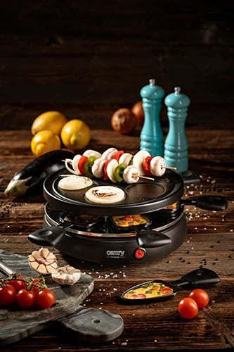 Grill raclette elektrik, Adler, CR 6606, 1200W, pjatë 25 cm, e zezë, set me 6 tiganë
