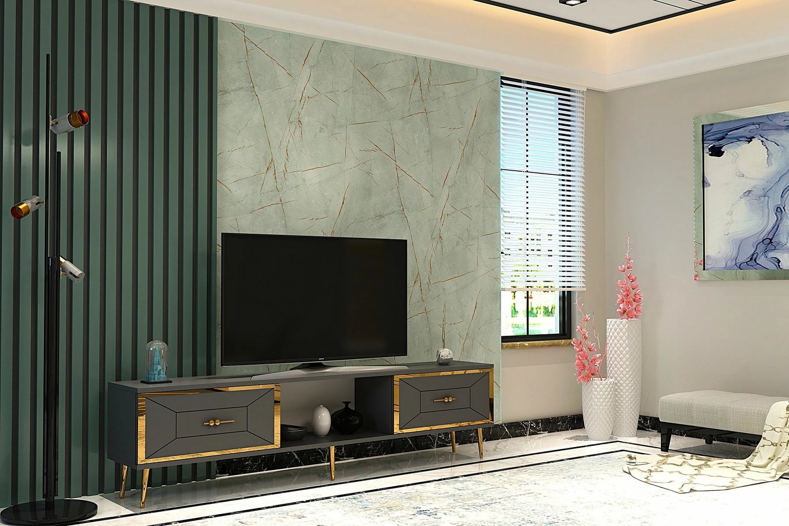 Komodë TV Skye Decor, ngjyrë antracit, ar, 150x40.6x29.6cm