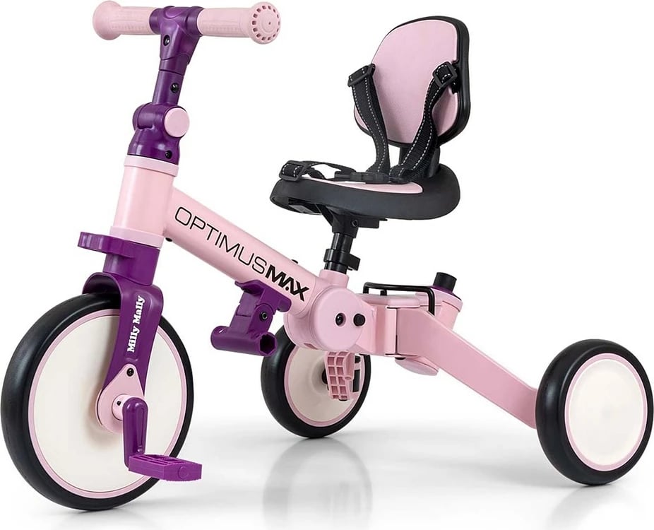 Tricikël 5‑në‑1 me dorezë prindërore, Milly Mally Optimus Max, rrota shkumë, kornizë çeliku, palosshëm, 12M+, ngarkesë 25 kg, rozë