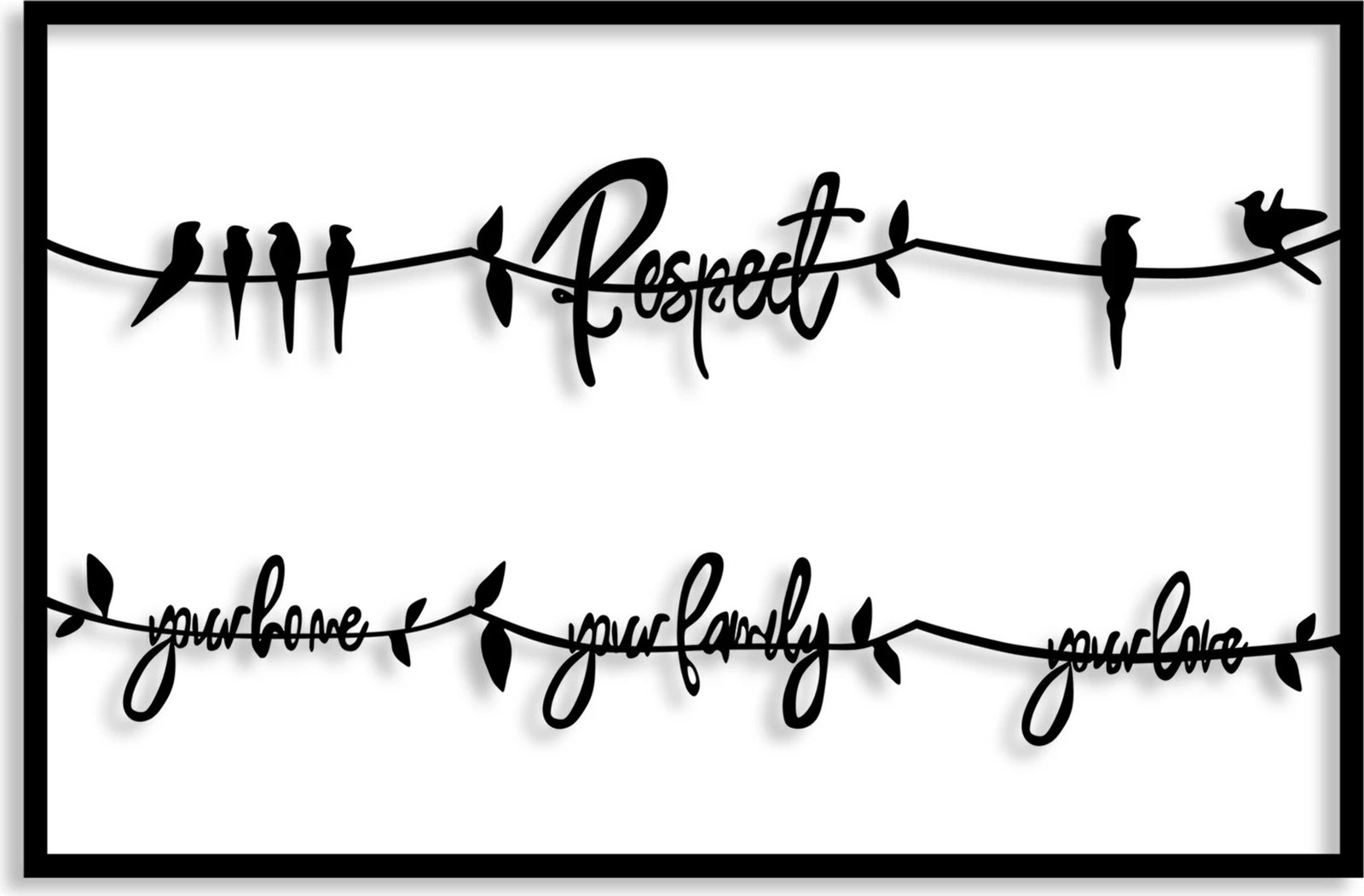 Aksesor dekorativ metalik për mur, Wallity, Respect your home your family your love 2, ngjyrë e zezë, 75x45cm