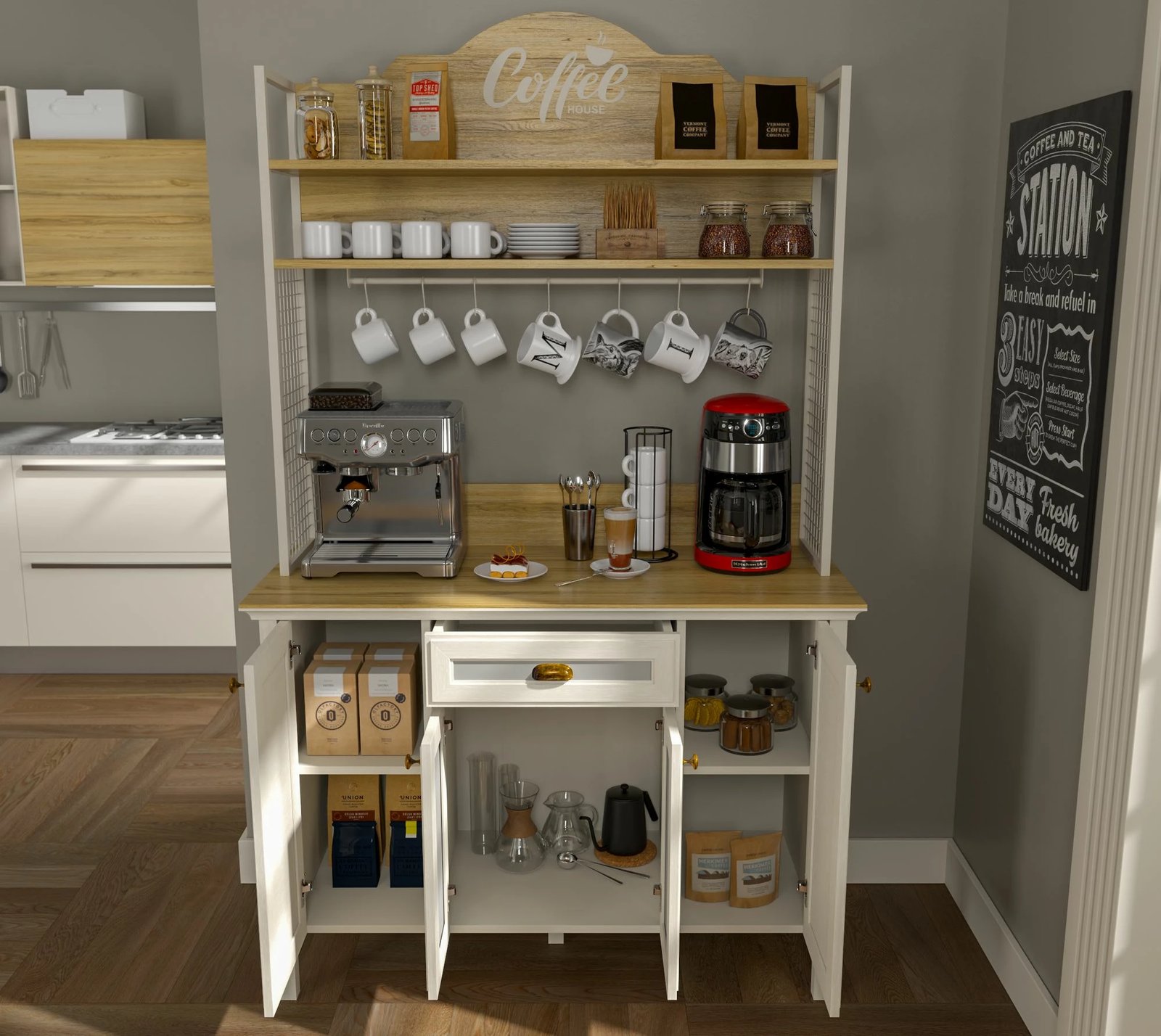 Dollap për kafe, ngjyrë krem, lis dhe e bardhë, Skye Decor, FRN-21027-1