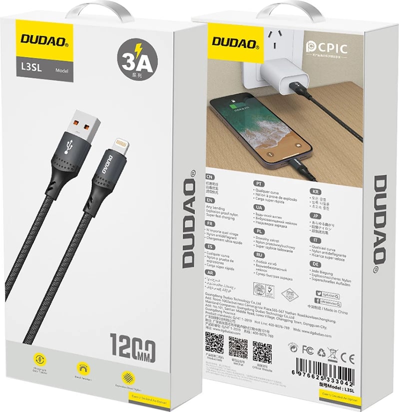 Kabllo karikimi Dudao L3SL, USB-A në Lightning, 1.2m, 30W, e zezë