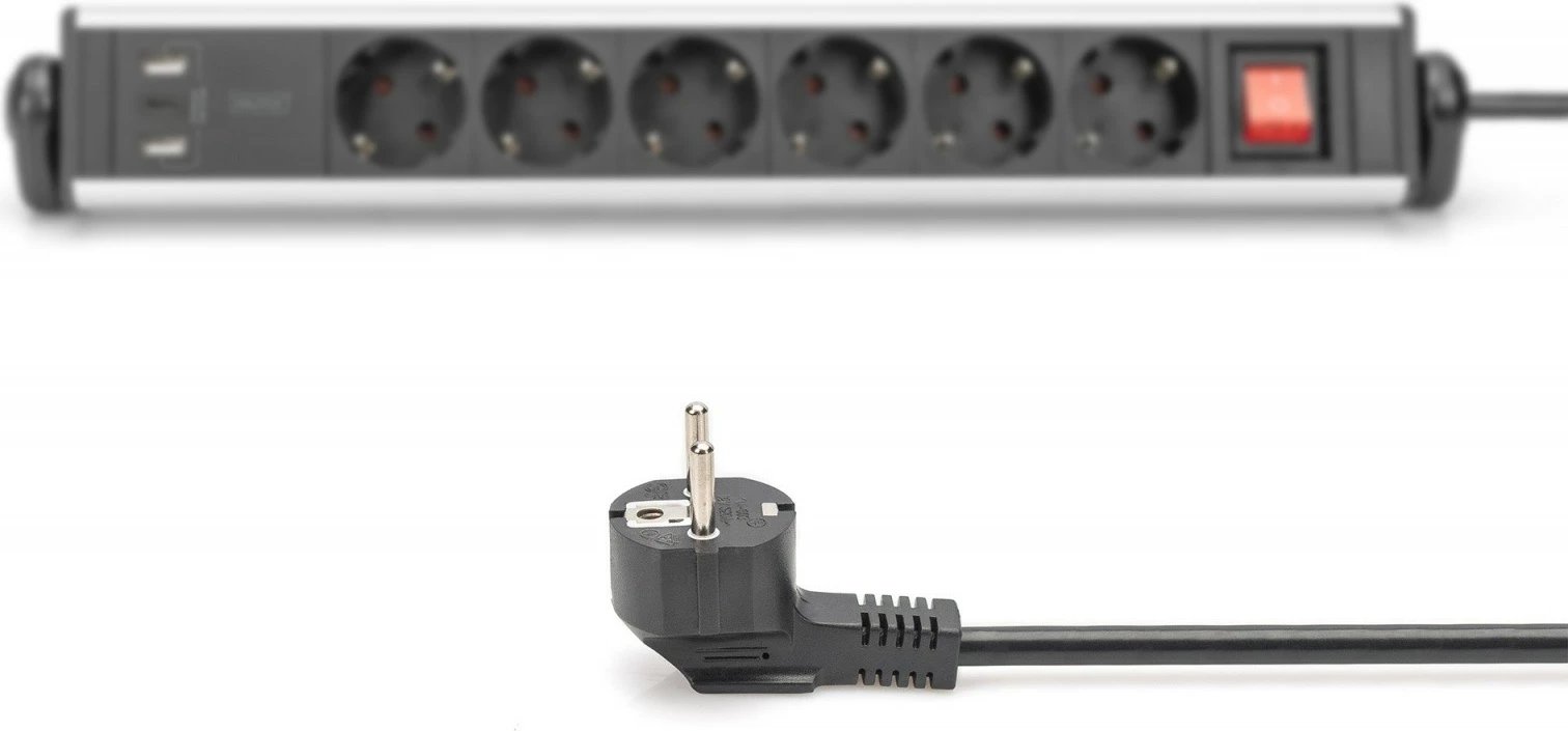 Prizë shumëfishe Digitus DA-70624 me 6 dalje, 2xUSB-A, 1xUSB-C, alumini, montim me kapëse, e zezë/argjendtë