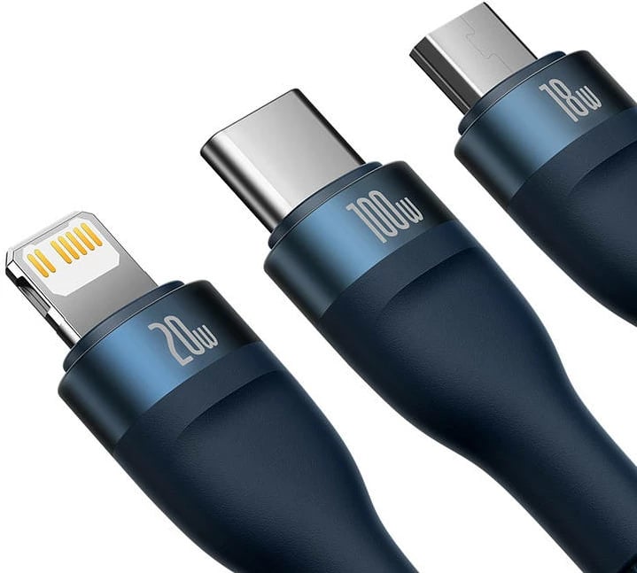 Kabllo 3-në-1 Baseus Flash Series 2, 1.2m, 100W, USB-C + micro USB + Lightning, blu