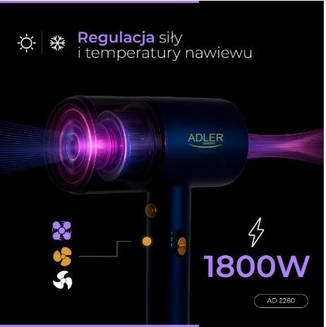 Tharëse flokësh, Adler, AD 2280, 1800 W, 2 shpejtësi 3 temperatura, me koncentrator, gold/navy blue