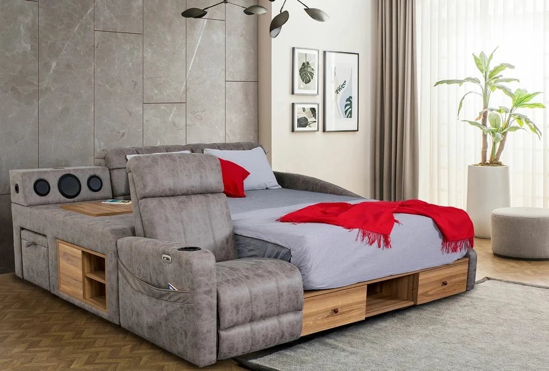 Krevat dopio me funksion masazhi, USB, audio, ngjyrë kafe, Skye Decor Whesley Smart