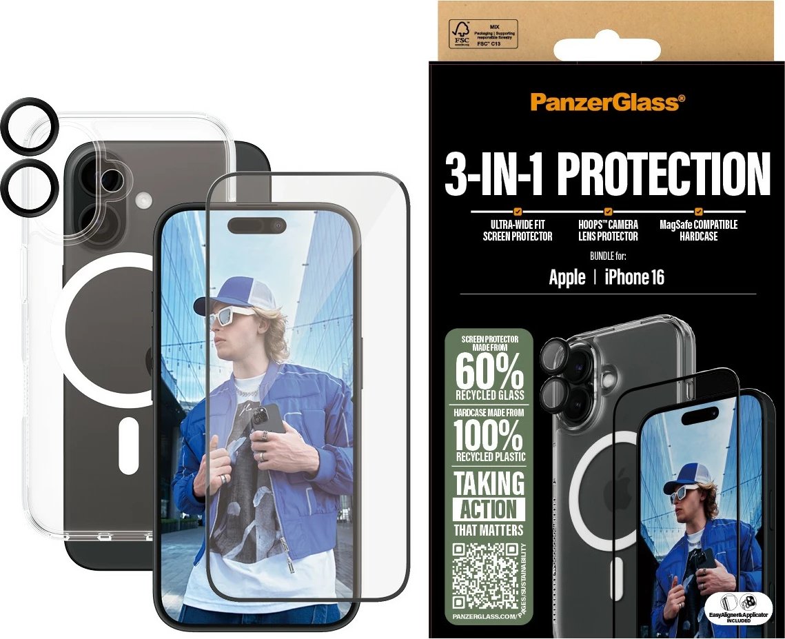 Mbështjellës dhe mbrojtës ekrani PanzerGlass për iPhone 16, transparent