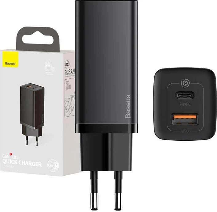 Karikues i shpejtë udhëtimi Baseus GaN2 Lite CCGAN2L-B01, 65W, USB-C & USB-A, zi