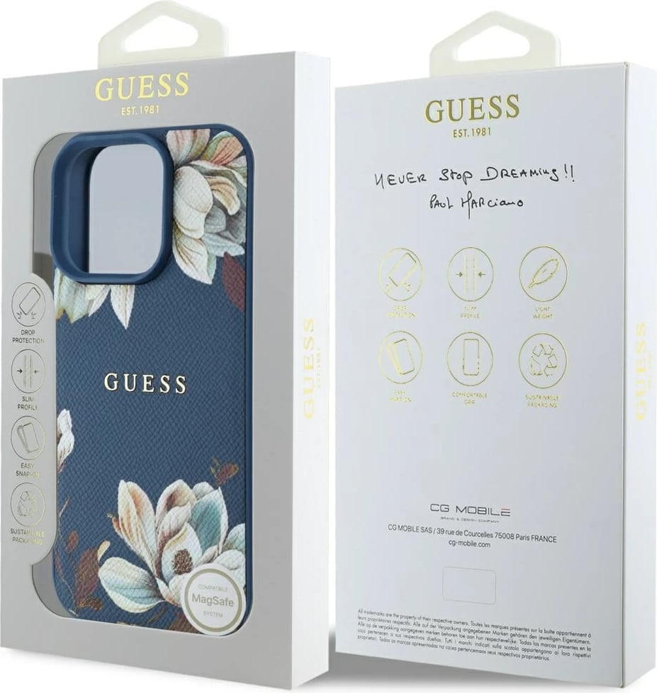 Mbështjellës Guess Grained Printed Flower Pattern MagSafe për iPhone 16 Pro Max, Blu