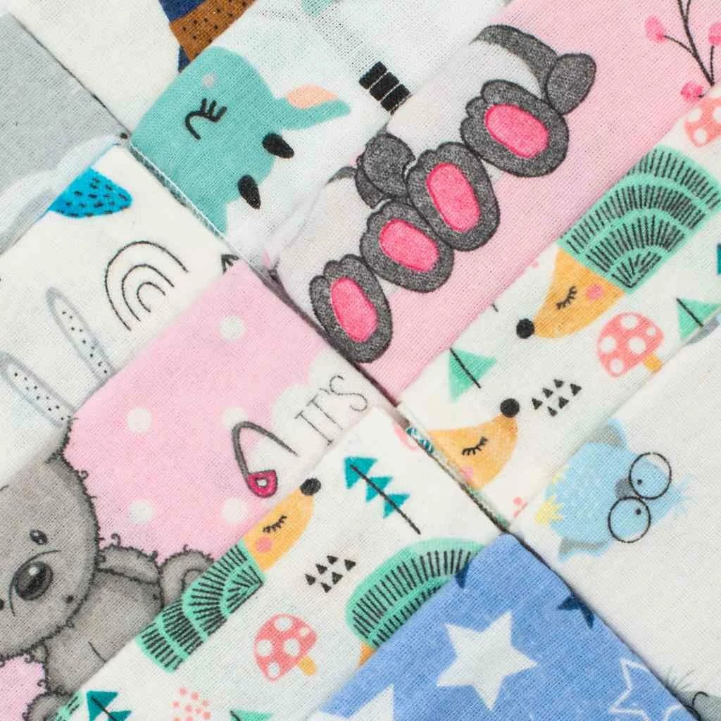 Pelenë flanele bebe, NEW BABY, 70x80 cm, 100% pambuk, me print, set 10 copë, ngjyrat sipas fotos