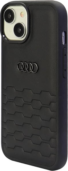 Mbështjellës Audi GT për iPhone 15 Plus, lëkurë sintetike, i zi