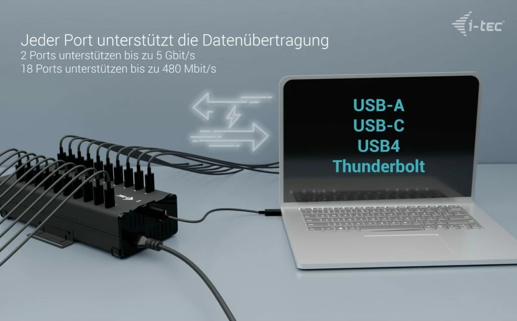 HUB USB-C/USB-A i-tec, 20 porta, 15W për port, 300W, i zi