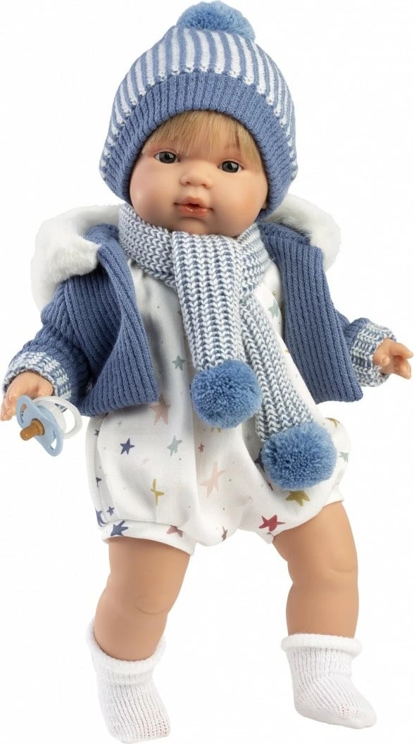 Kukull Llorens Sasha 38573 38 cm që qan, me bateri, material pambuk/vinil, me cicë, set 5 pjesë, blu e bardhë