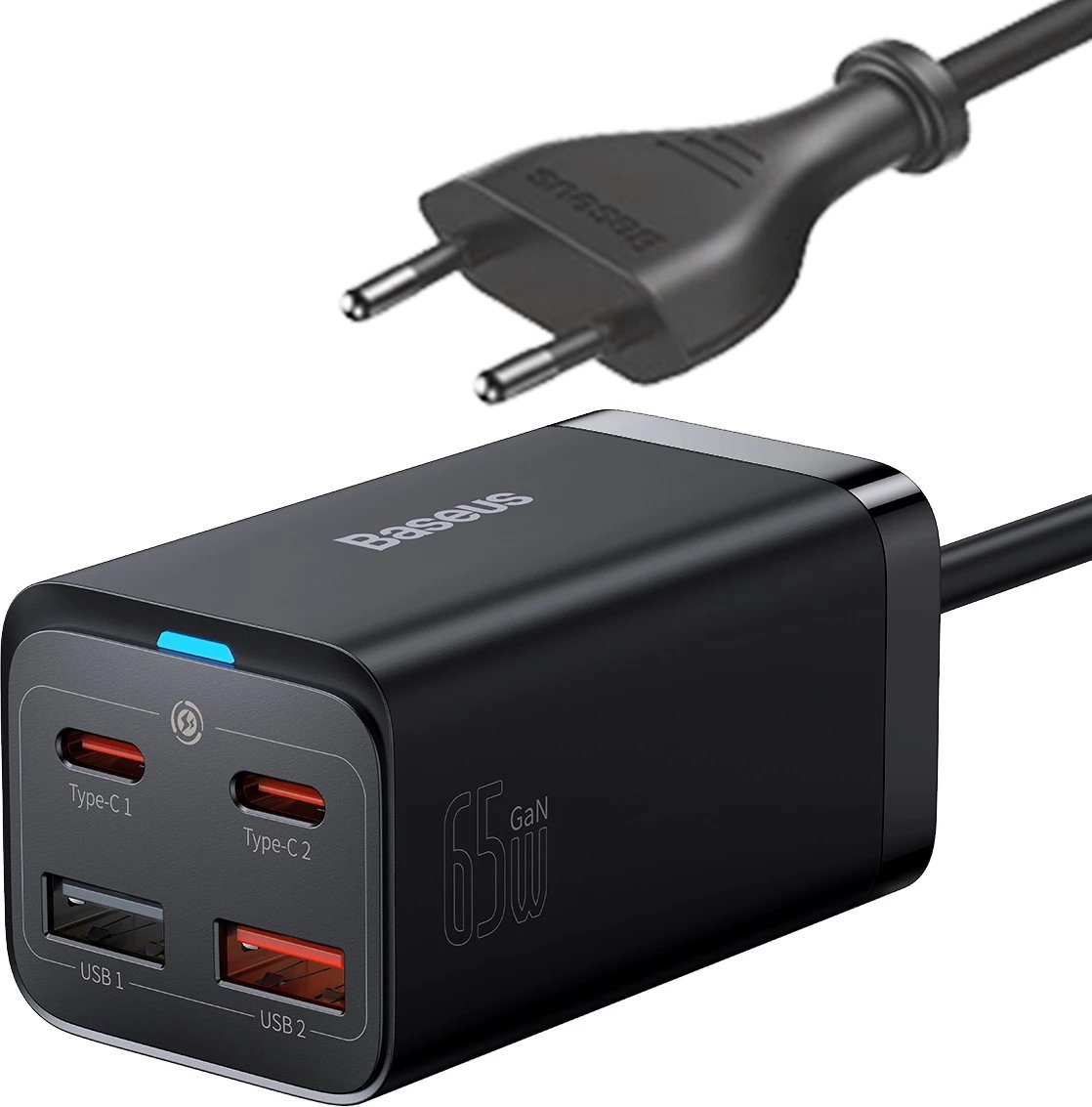 Karikues i shpejtë Baseus GaN3 Pro 65W, 2x USB Type-C, 2x USB, me kabllo USB-C 1m, Zi
