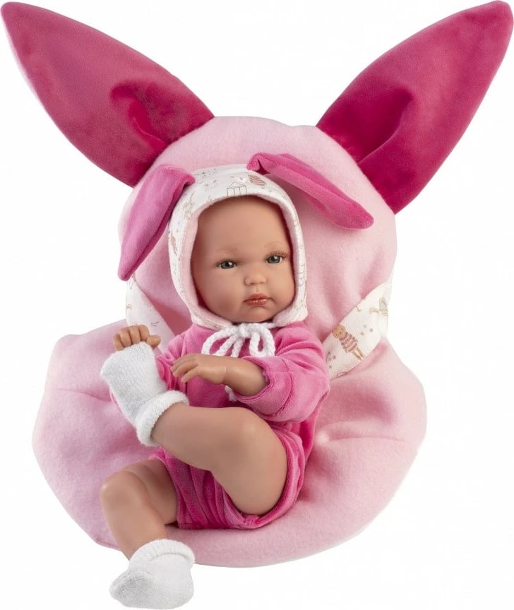 Kukull foshnje vinili, Llorens 63506 Bimba, 35 cm, set me veshje 3-pjesëshe dhe mbajtëse, rozë