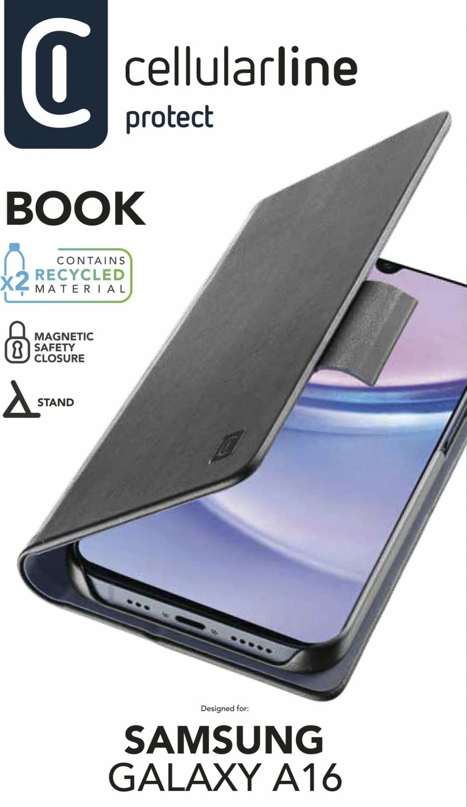 Mbështjellës Cellular Line për Samsung A16 5G/A16 4G, folio, xhep kartelash, i zi